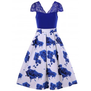 Plunge Neck Floral Print Zip Dress - Sapphire Blue